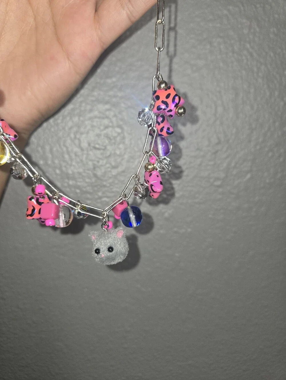 Pink Leopard Charm Necklace with Gray Cat Pendant